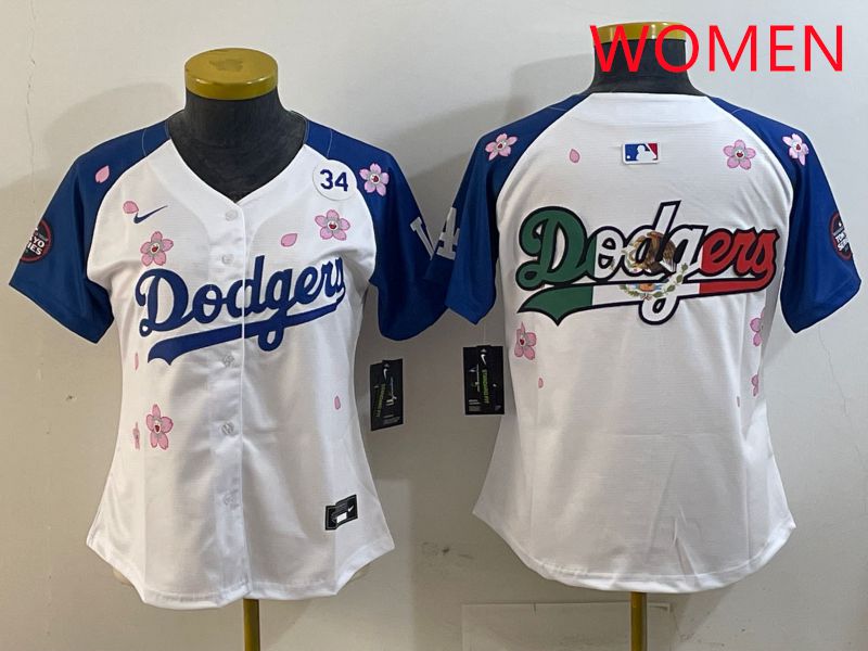 Women Los Angeles Dodgers Blank White Blue Sakura Edition 2025 Nike MLB Jersey style 11->women mlb jersey->Women Jersey